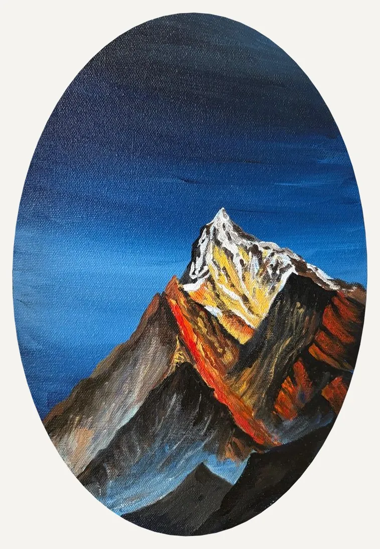 Sunny Snow by Jignasa Dhame, acrylic on oval canvas